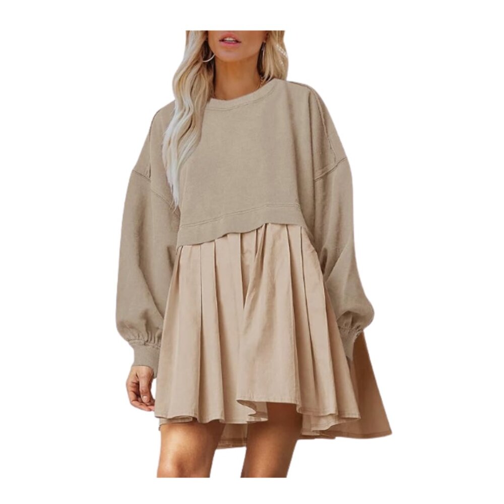Dokuritu Sweatshirt Dress Women Crew Neck Long Sleeve Khaki X-Small